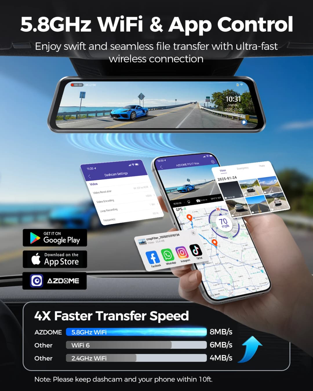 AZDOME PG17 MAX Front and Rear Dash Cam 12 Inch Touch Screen Car DVR 4K+2.5K Rearview Mirror Camera GPS WIFI Voice Control ADAS - 5