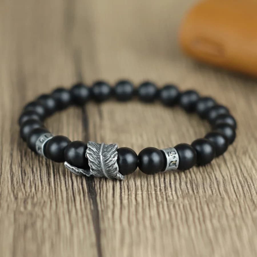 Vintage Feather Bracelet For Men Sanskrit Mantra Braslet Yoga Meditation Healing Braclet 8mm Lava Onyx Stone Strand Brazalete - 3