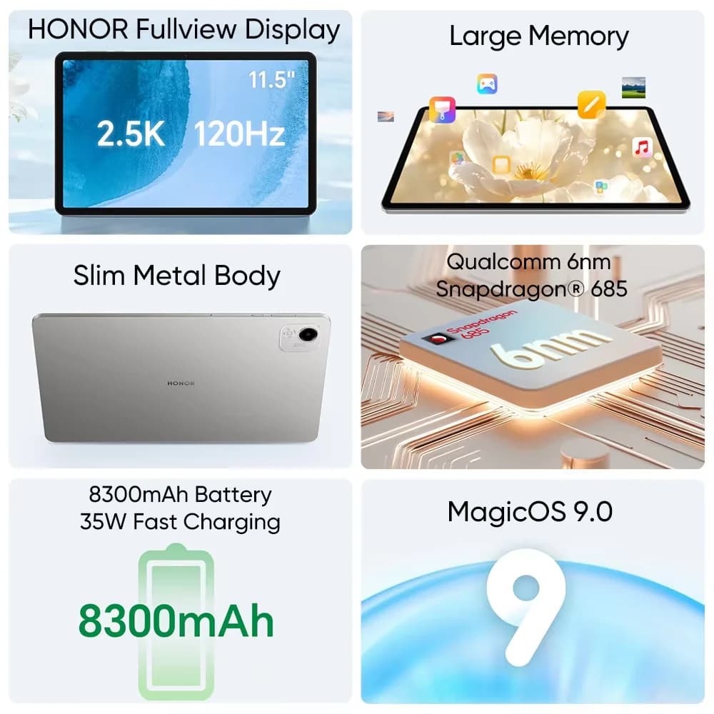 الإصدار العالمي HONOR Pad X9a شاشة 11.5 بوصة بمعدل تحديث 120Hz ودقة 2.5K مع معالج Snapdragon 685 وهيكل معدني رقيق يدعم WiFi/LTE ونظام Android 15 وبطارية 8300mAh - 2
