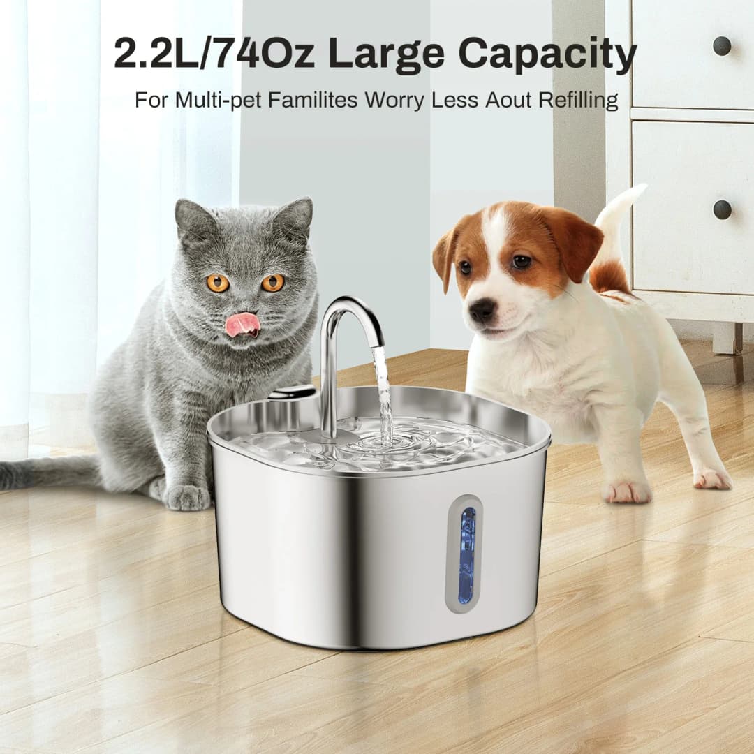 ZYFeeder 2.2L Automatic Cat Water Fountain Square Stainless Steel Pet Water Feeder Dog Water Fountain with window（No 5V 1A Plug） - 2