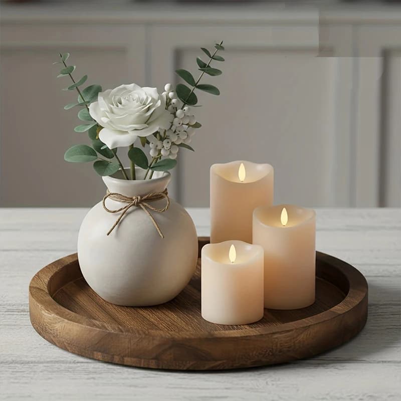 صينية تقديم - طبق خشبي دائري على طراز المزرعة لطاولة المطبخ، قطعة مركزية لطاولة القهوة، للشموع والديكور (11.2 × 7.9 بوصة)