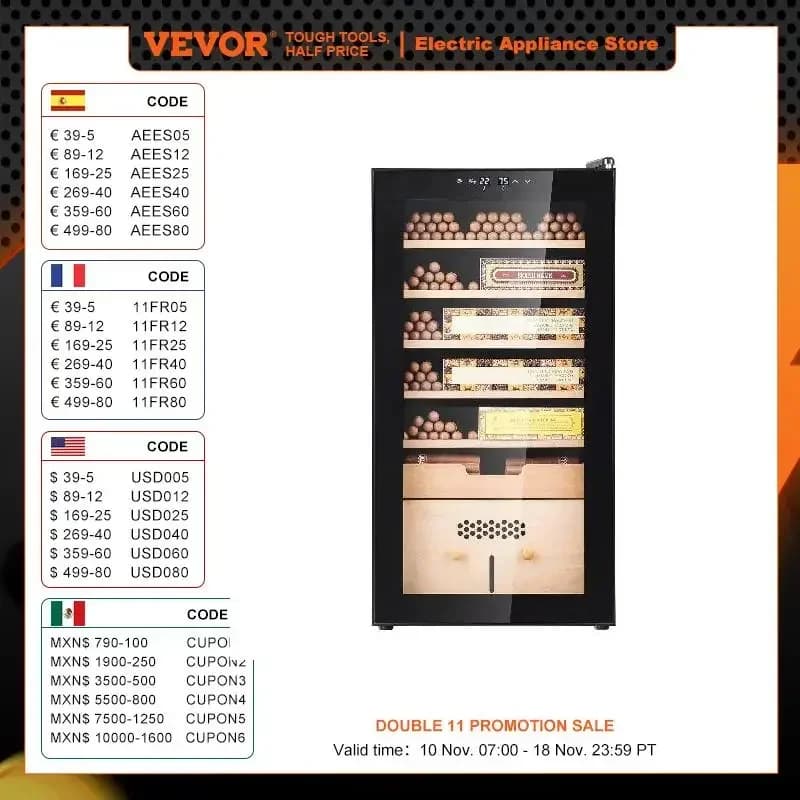 خزانة سيجار كهربائية من فيفور بسعة 82 لتر مع تحكم في التبريد والتسخين والرطوبة و6 طبقات من خشب الأرز الإسباني