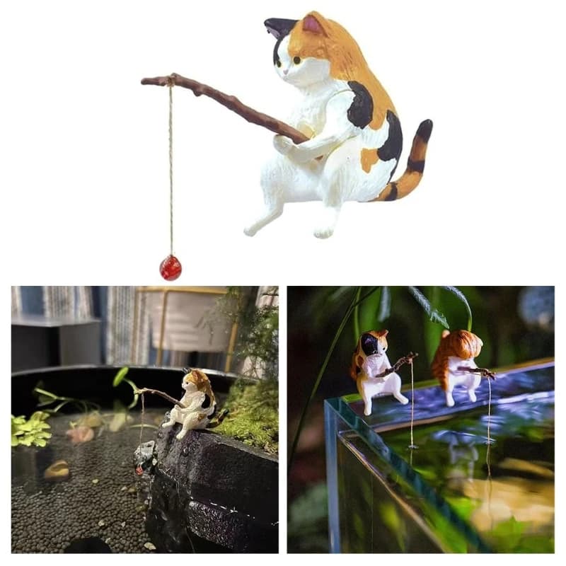 Fish  Landscaping Fishing Cat Ornaments Mini Resin Figurine Cartoon Cat Statue for Home Office Aquarium Decoration - 2