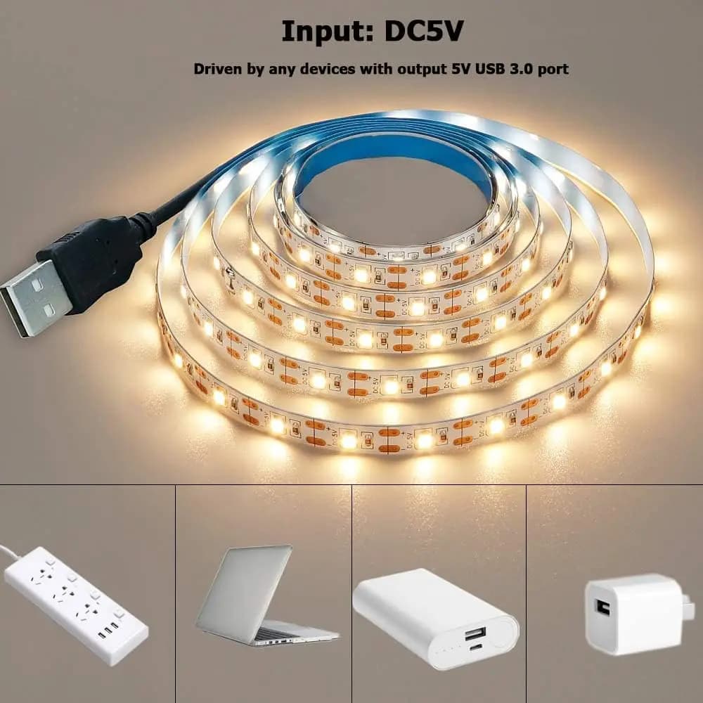 شرائط LED USB 5V، 2835 أبيض دافئ، إضاءة خلفية للتلفزيون، ديكور منزلي، مصباح LED بطول 1-5 متر - 2