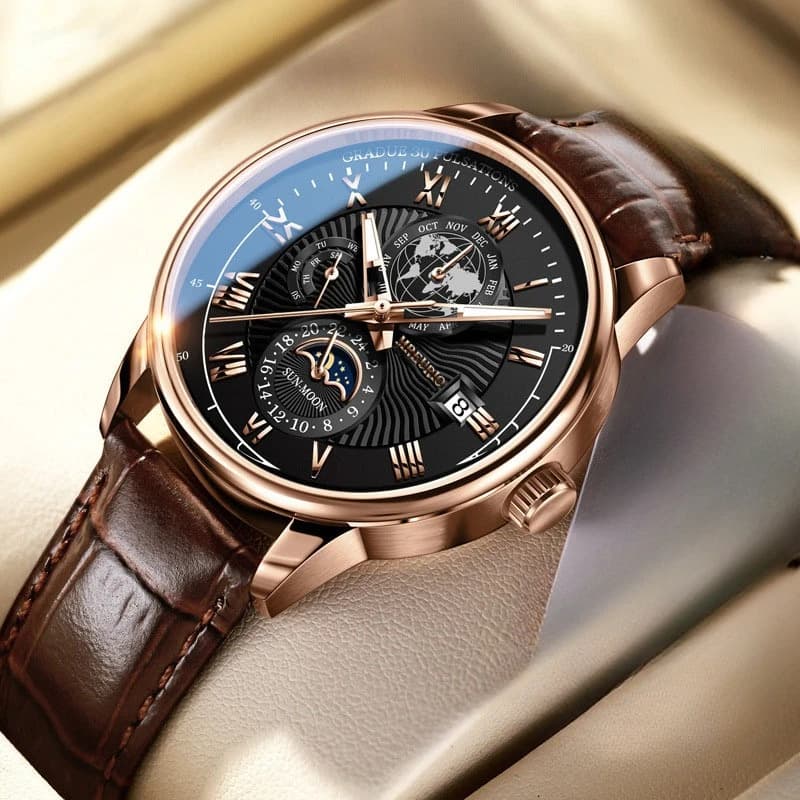 ساعة كوارتز رجالي بحزام أجوف مزين بتقويم وسماء مرصعة بالنجوم والقمر - 2