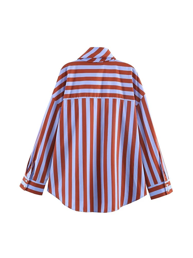 TFMLN Women Spring New Striped Shirt Elegant Bow Neck Single Breasted Loose Blouse Casual Vintage Printed Long Sleeve Shirts - 5