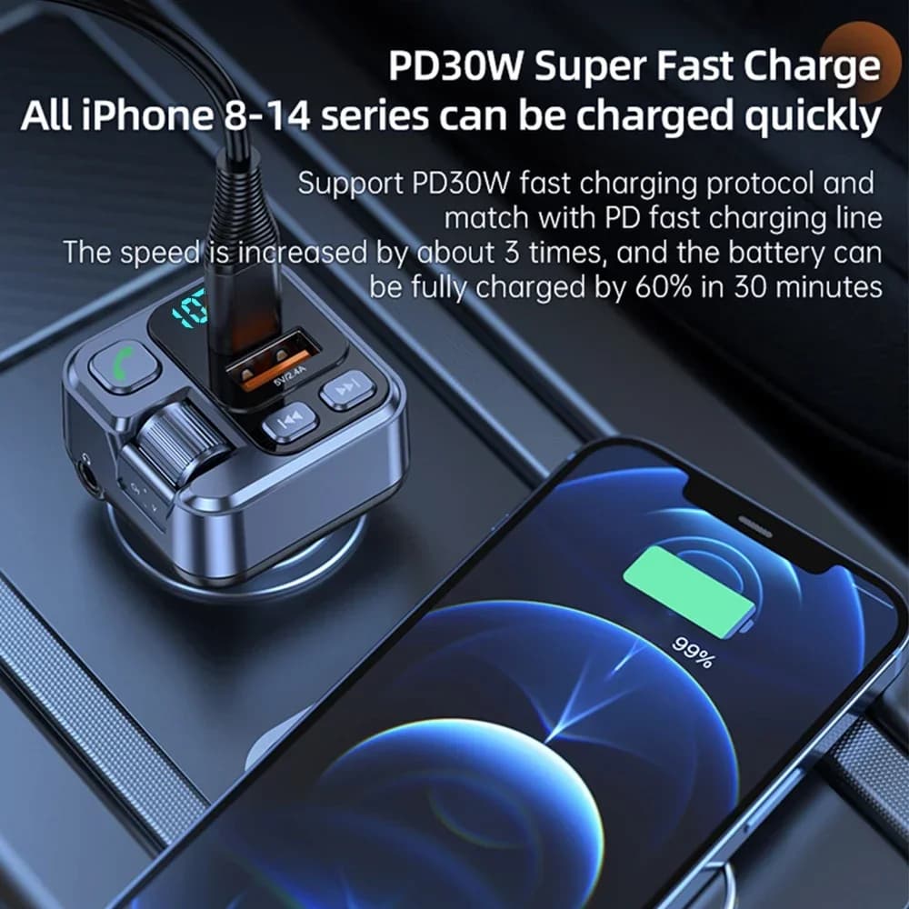 مستقبل بلوتوث للسيارة مشغل MP3 مع ولاعة سجائر وشاحن، مزود بمنفذي USB-A وUSB-C للشحن السريع وشاشة LED وإرسال FM - 3