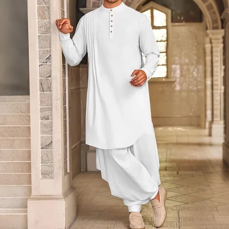 NEW Men's Muslim Shirt Stand Collar Long Sleeve Robe Islamic Arab Kaftan Solid Color Streetwear Casual Men Clothing Cotton Linen - 4