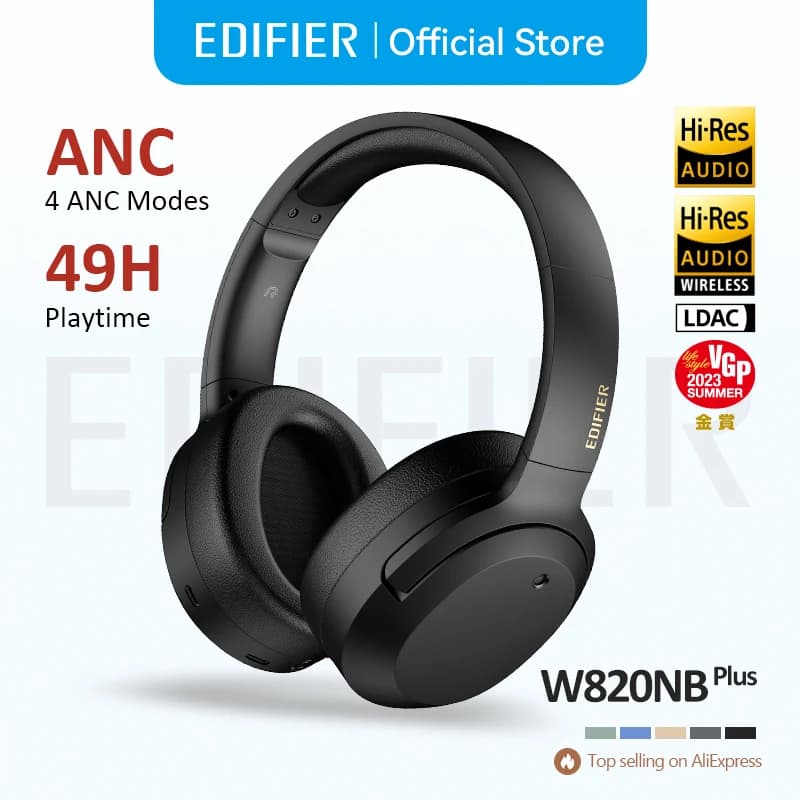 سماعات رأس لاسلكية عازلة للضوضاء من Edifier W820NB Plus، 43dB ANC، كودك LDAC عالي الدقة، 49 ساعة تشغيل، سماعة بلوتوث فوق الأذن
