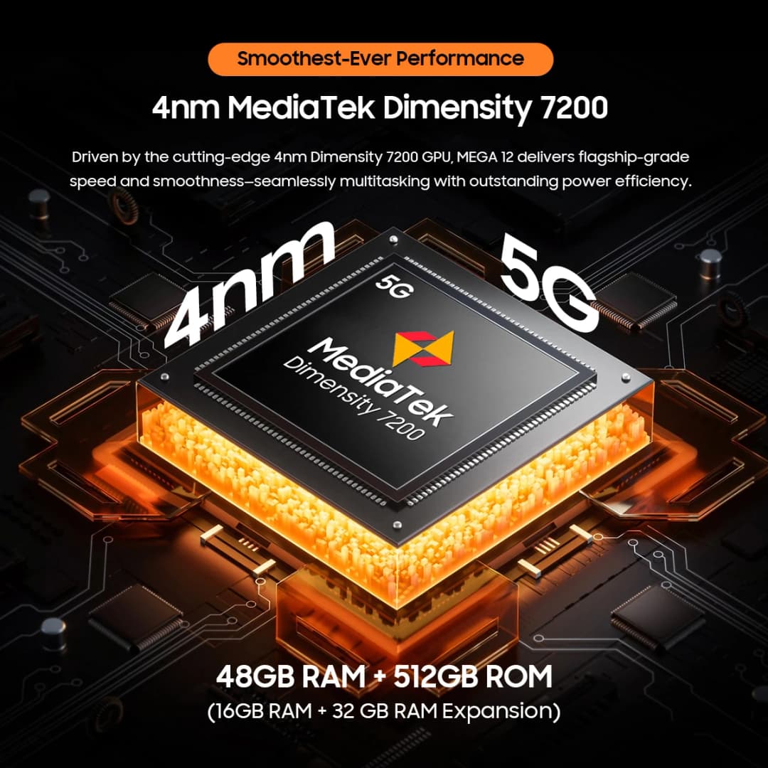 جهاز لوحي Blackview MEGA 12 الذكي بشاشة 12.2 بوصة بدقة 2.4K ومعدل تحديث 120Hz، ومعالج Dimensity 7200، ودعم Dual 5G، ومقاوم للماء بمعيار IP69K، مع لوحة مفاتيح بدون شاحن - 3