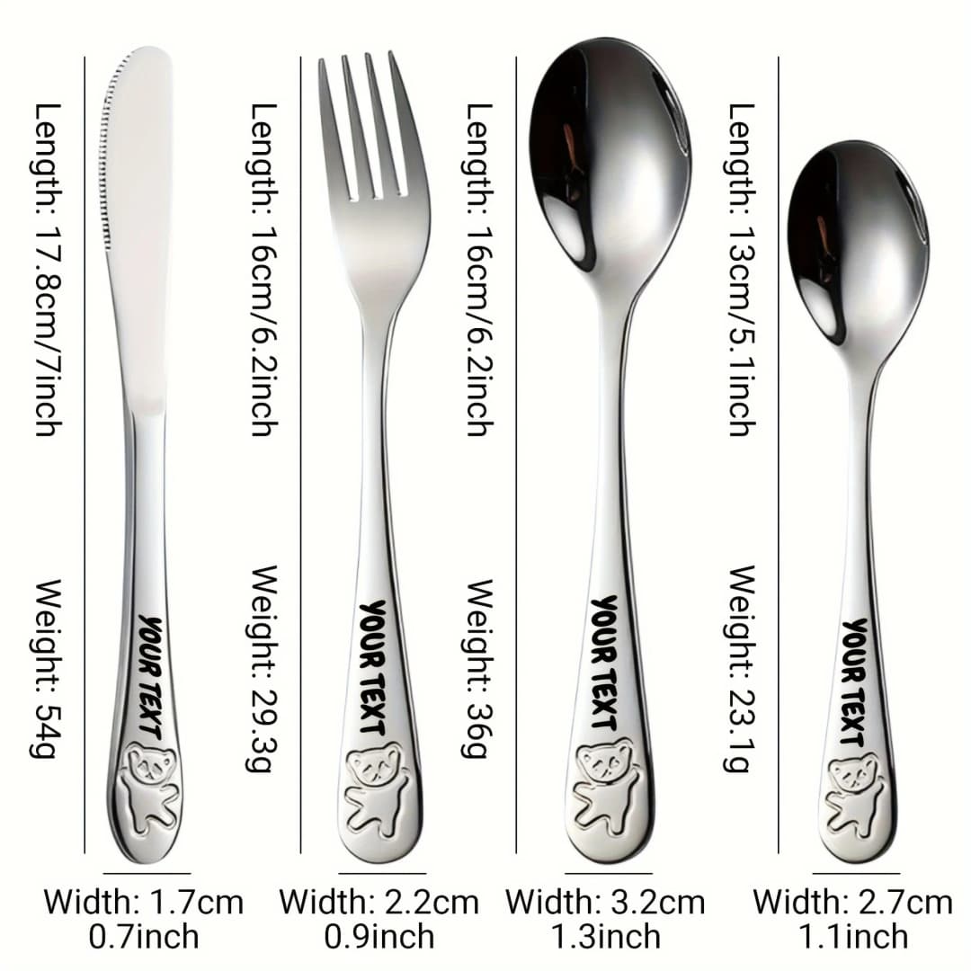 4pc Customizable Name 304 Stainless Steel Flatware Set with Cute Bear Design Personalized Text Include Knife Fork Spoon Teaspoon - 4