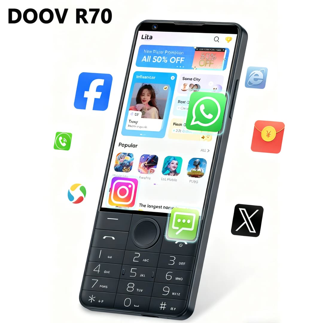 هاتف دووف بدون كاميرا R70 بشاشة لمس ذكية ولوحة مفاتيح، 4G، 6 جيجابايت + 128 جيجابايت، بطارية 2600 مللي أمبير، شاشة 4.0 بوصة، أندرويد 14، واي فاي - 2