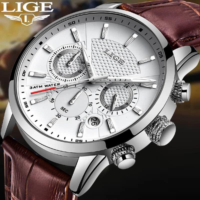 ساعة LIGE الجديدة من الجلد البني للرجال، ساعة كوارتز فاخرة، كرونوغراف مضيء مقاوم للماء