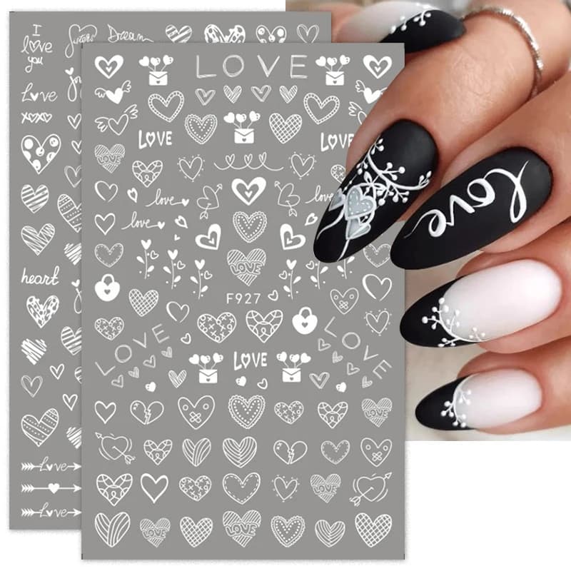 1PCS New Black White Love Heart English Alphabet Nail Art Sticker Nail Decoration Decal DIY Valentine's Day 3D Adhesive Stickers - 4