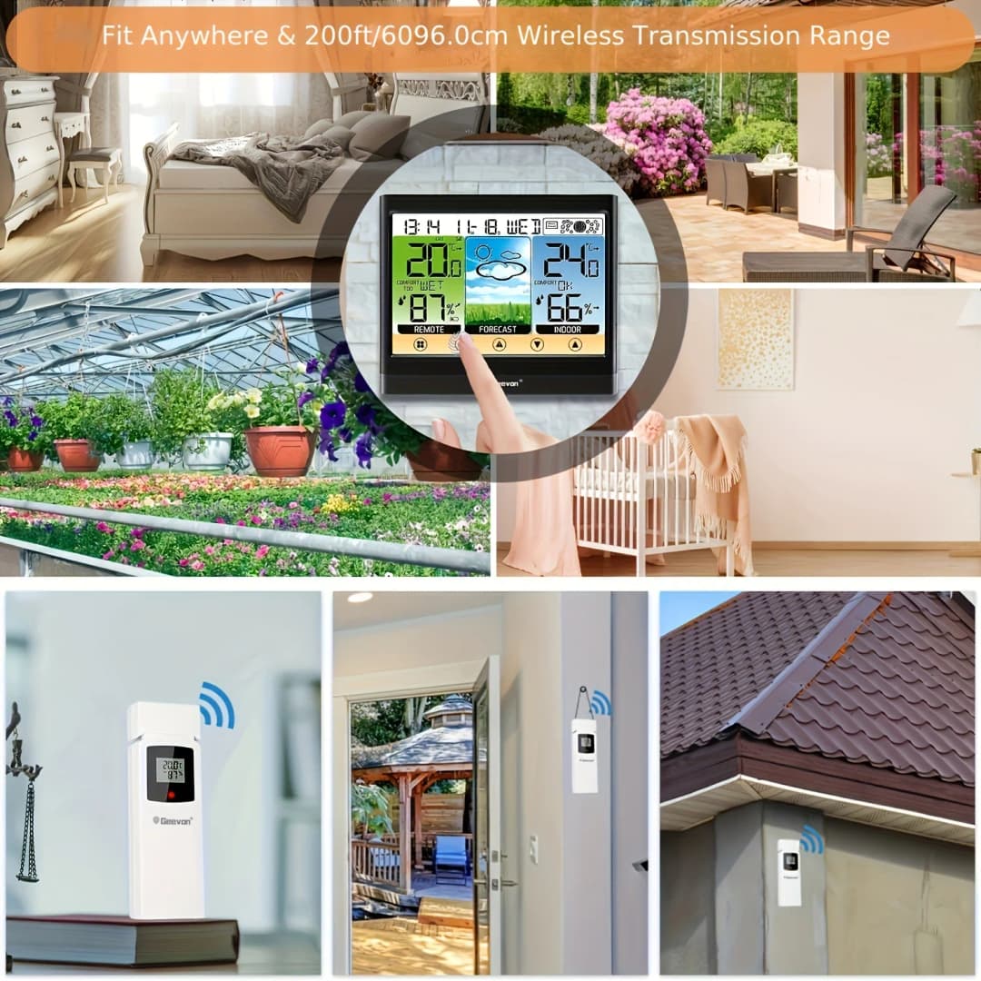 محطة طقس Geevon لاسلكية، ميزان حرارة داخلي وخارجي، مقياس رطوبة، شاشة LCD تعمل باللمس مع منبه وإضاءة خلفية قابلة للتعديل - 5