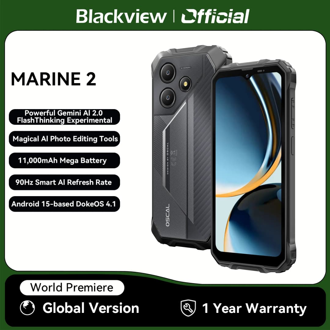 هاتف ذكي متين Blackview OSCAL Marine 2 AI شاشة 6.56 بوصة HD+ معالج Unisoc T615 ذاكرة 24(8+16)GB تخزين 256GB بطارية 11000mAh أندرويد 15 NFC