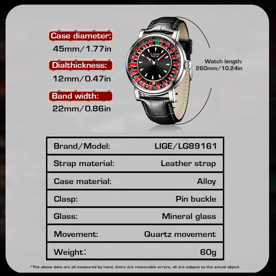 ساعة LIGE كوارتز رجالي موضة فاخرة تصميم مبدع على شكل لعبة روليت بمينا جلدية ساعات مقاومة للماء للحياة اليومية هدايا للرجال + علبة - 6