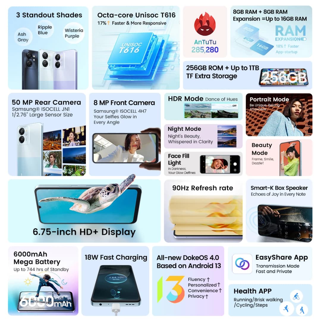 هاتف بلاك فيو كولور 8 الذكي، أندرويد 13، شاشة 6.75 بوصة بمعدل تحديث 90 هرتز، ذاكرة داخلية 128 جيجابايت/256 جيجابايت، كاميرا خلفية 50 ميجابكسل، بطارية 6000 مللي أمبير، شحن سريع 18 واط، GPS - 2