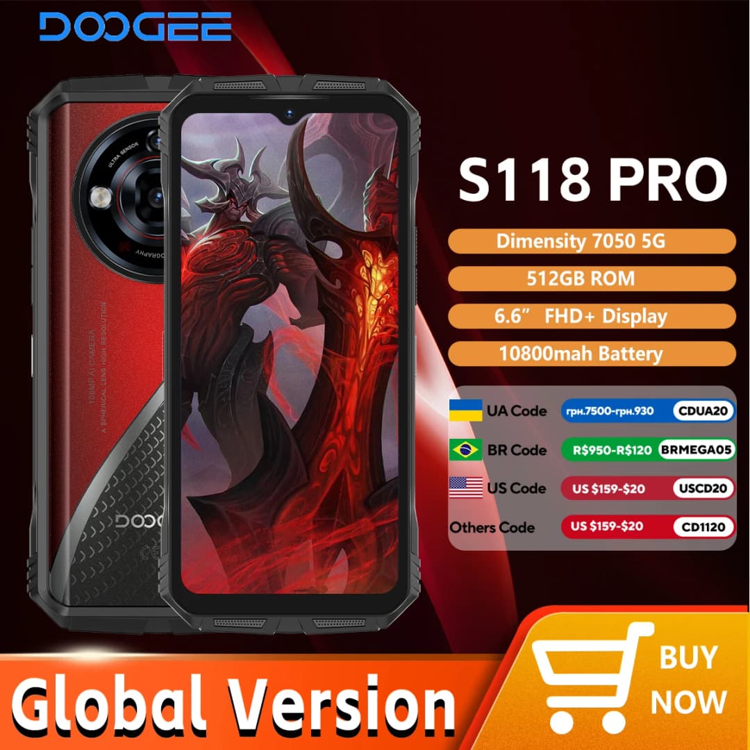 هاتف DOOGEE S118 Pro 5G المتين بمعالج Dimensity 7050 وبطارية 10800mAh وشاشة 6.6 بوصة FHD بمعدل تحديث 120Hz وذاكرة عشوائية 8GB وسعة تخزين 512GB مع تقنية NFC
