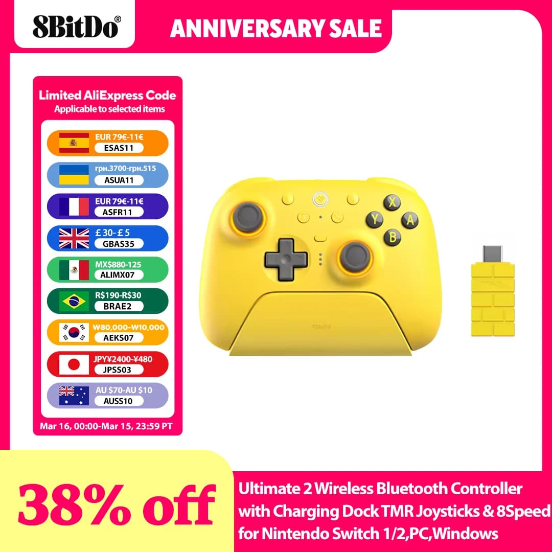 وحدة تحكم بلوتوث لاسلكية 8BitDo Ultimate 2 مع قاعدة شحن وعصي تحكم TMR و8 سرعات لنينتندو سويتش 1/2، كمبيوتر، ويندوز