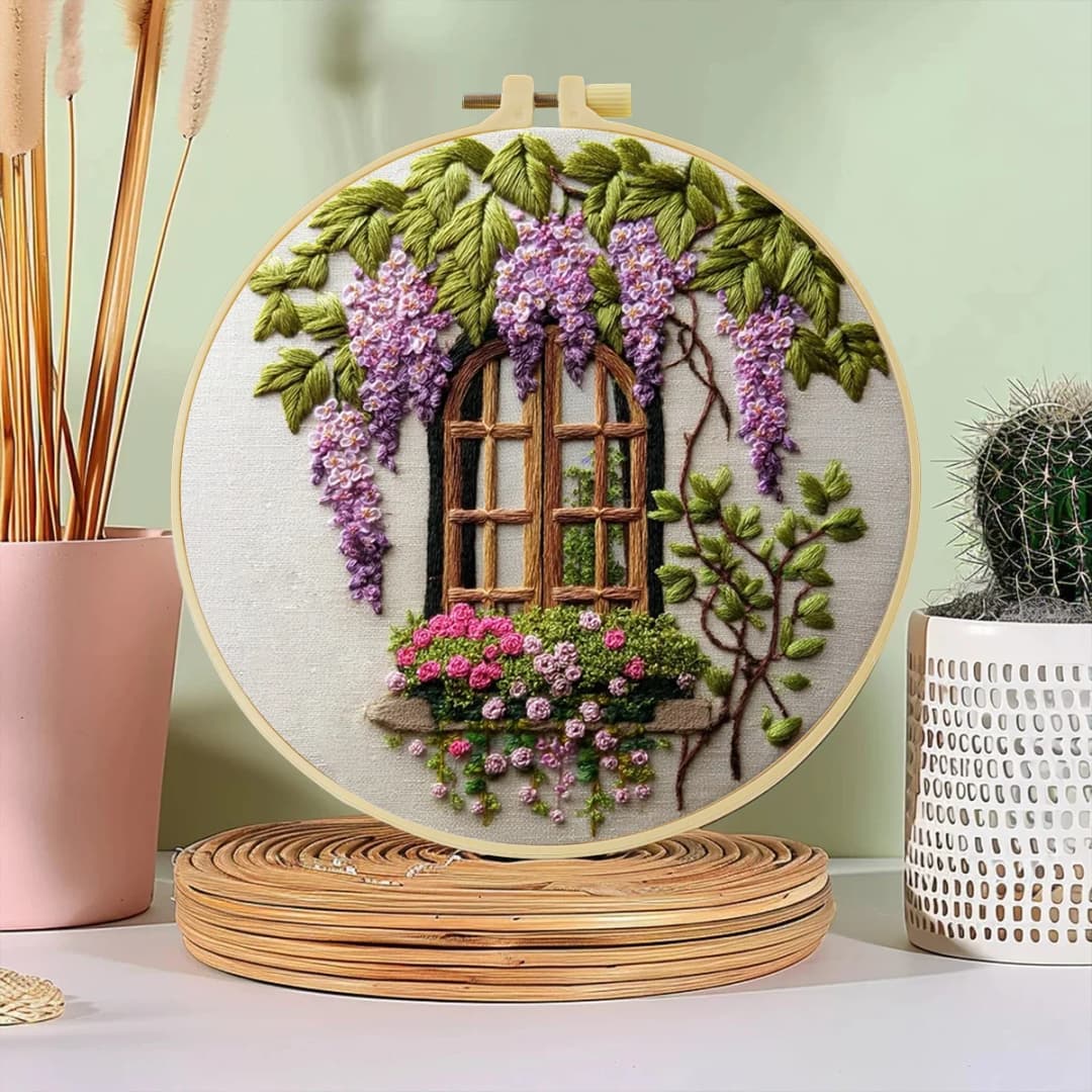 1pc 20X20CM/15X15CM 7.87/6.3inch Embroidery Starter Kit DIY Kit Home Decor, Windows and Flowers, Embroidery Kit