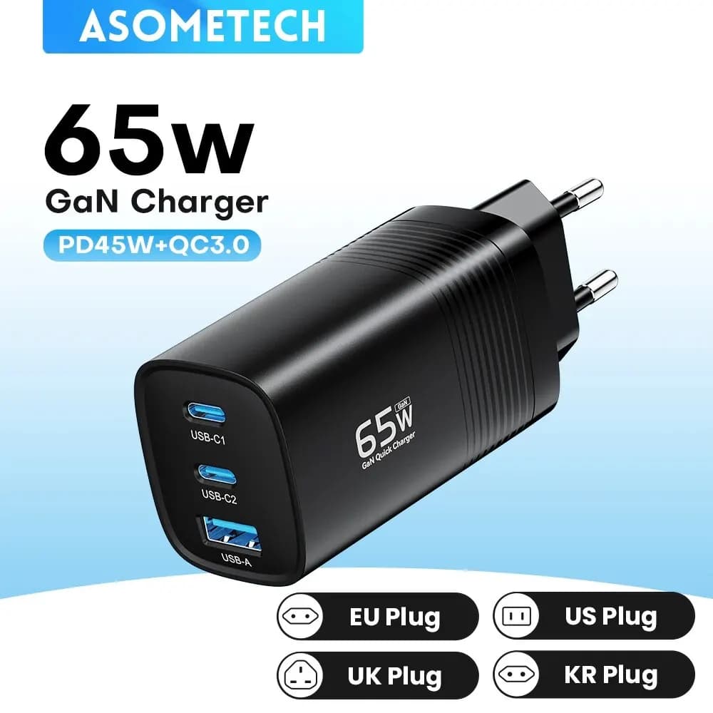 شاحن ASOMETECH GaN من النوع C بقدرة 65 واط و45 واط، شاحن سريع PPS PD QC4.0 لأجهزة ماك بوك، آيباد، آيفون 16، سامسونج S23 ألترا