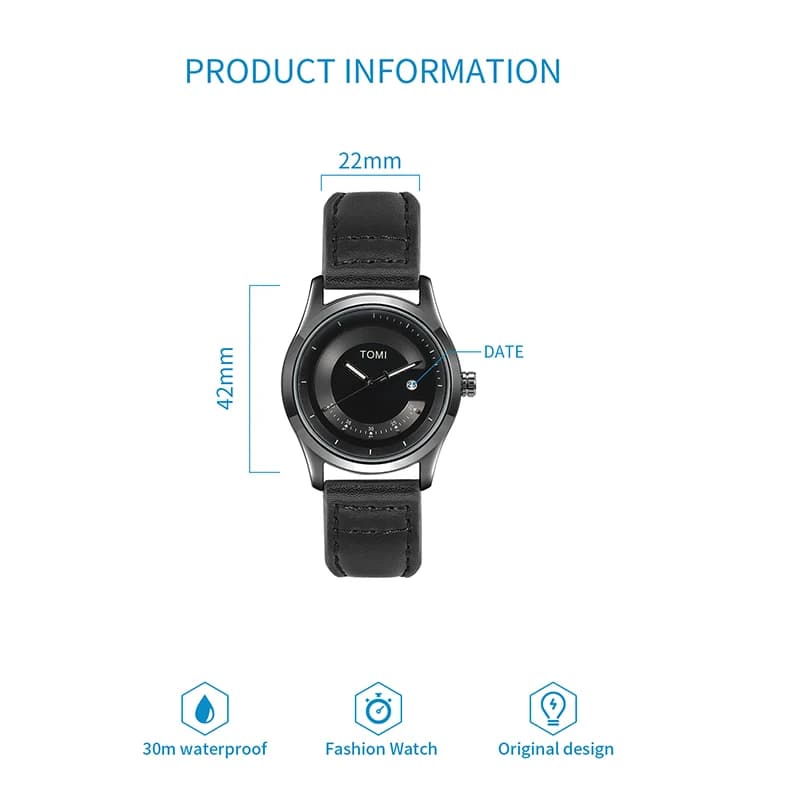 ساعة TOMI Leisure Fashion للرجال، سوار جلدي، تقويم بسيط، كوارتز، ساعة عالية الجودة، هدية مميزة - 6