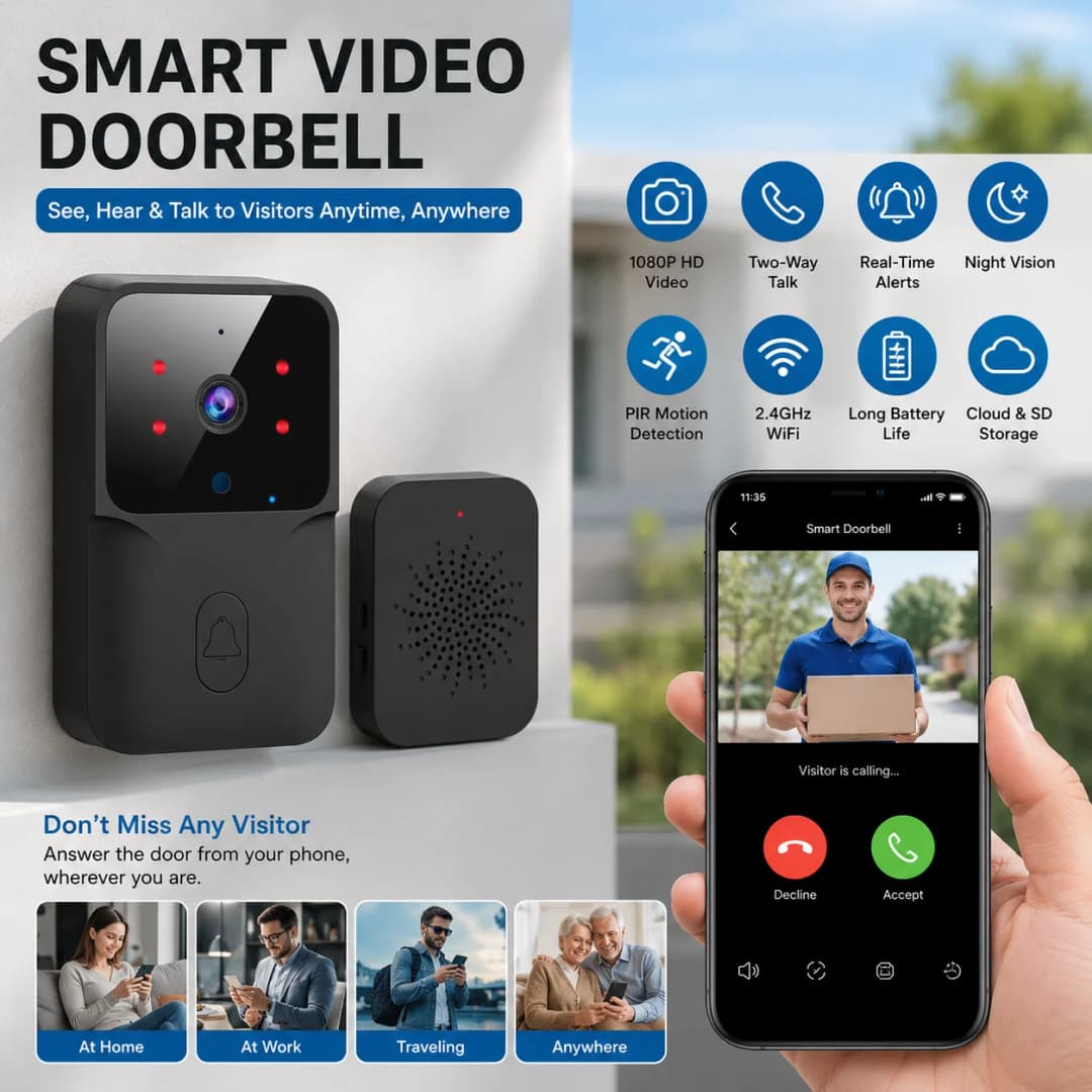 Wireless Video Doorbell Camera, WiFi Two-way Talk Doorbell with IR Night Vision, Smart Home Security Surveillance Monitor