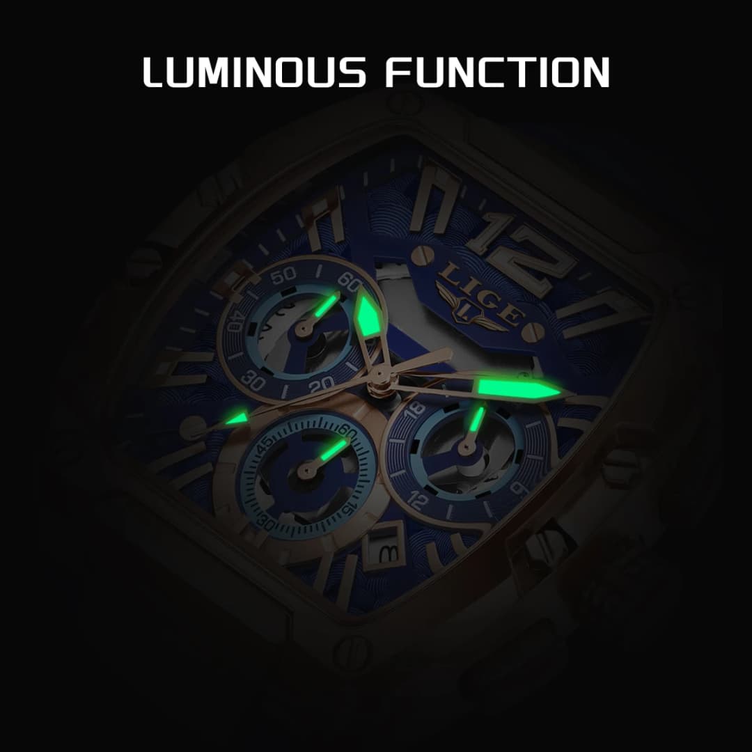 2025 LIGE New Men's Watch Multi Functional Quartz Rectangular Golden Sports Clock Casual Fashion Silicone Strap Men Watch+Box - 6