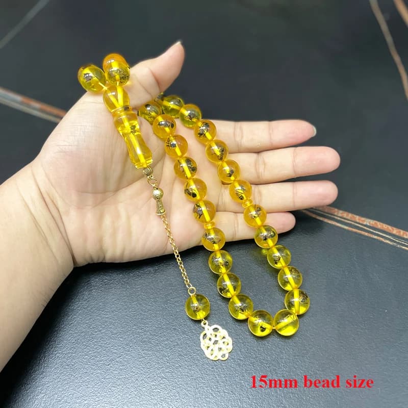 Tasbih Big Size Real insect Resin yellow Bracelets arabic Fashion 33 prayer beads Gold accessories Turkey Misbaha - 3