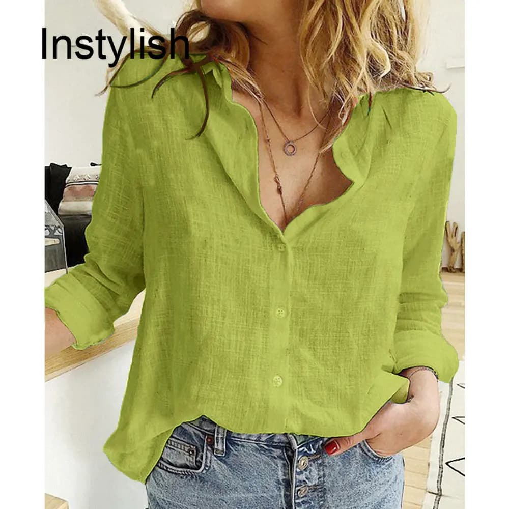 Women Casual Long Sleeve Cotton Linen Loose Shirt Elegant Solid Harajuku Lapel Blouse Vintage Oversize Tops Y2K Streetwear Tunic - 2