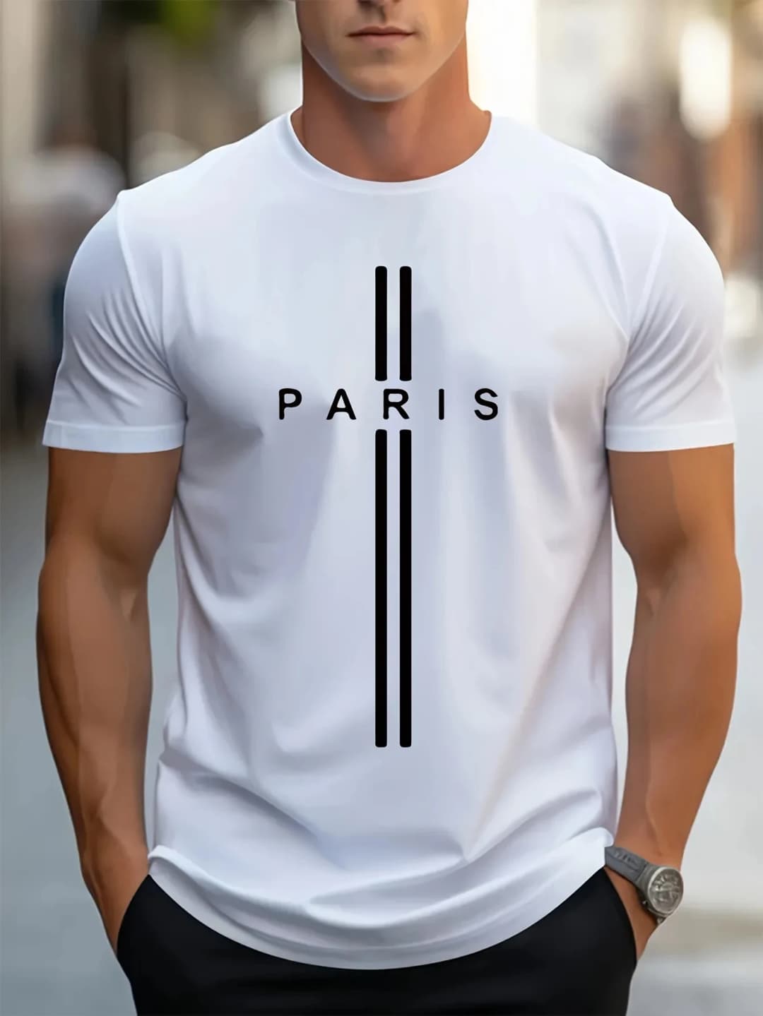 3D printed men's loose summer T-shirt, Paris printed round neck casual tight T-shirt, short sleeved T-shirt - 4