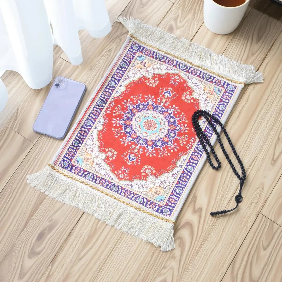 2 قطع مجموعة صغيرة محمولة سجادة صلاة مع مسبحة مسلمة 30 سم × 40 سم وسادة حرير الجليد مشبك حصيرة مسلم الإسلام التطريز السجاد - 2