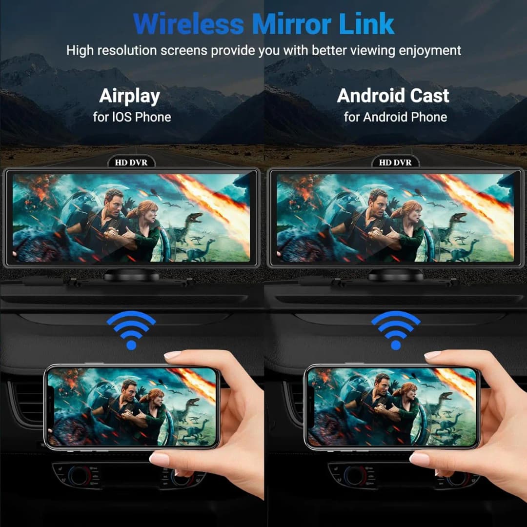 شاشة 10/11.26 بوصة 4K DVR مع CarPlay اللاسلكية وأندرويد أوتو، كاميرا داش بعدسة مزدوجة، بلوتوث، نظام تحديد المواقع والملاحة - 6