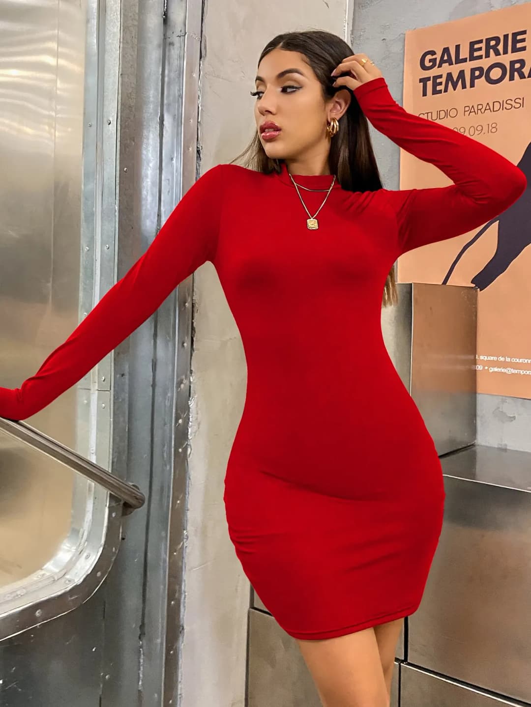 Long Sleeve Slim Bodycon Mini Dress Women Turtleneck Pleated Party Ruched Short Evening Club Outfit Soild Color - 4