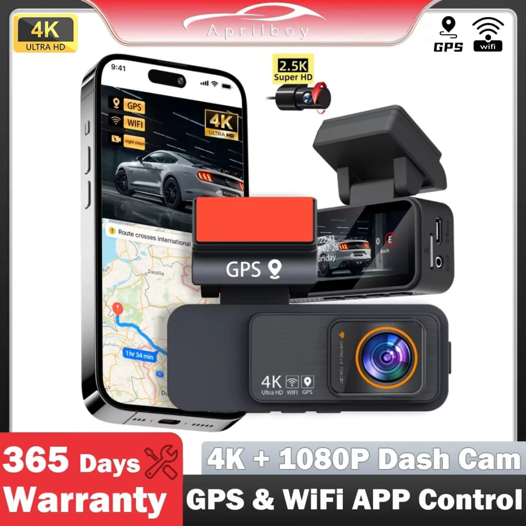 كاميرا داش Aprilboy بدقة 4K، عدسة مزدوجة، تسجيل للرؤية الليلية، واي فاي مدمج، GPS، ومراقبة وقوف السيارات 24 ساعة