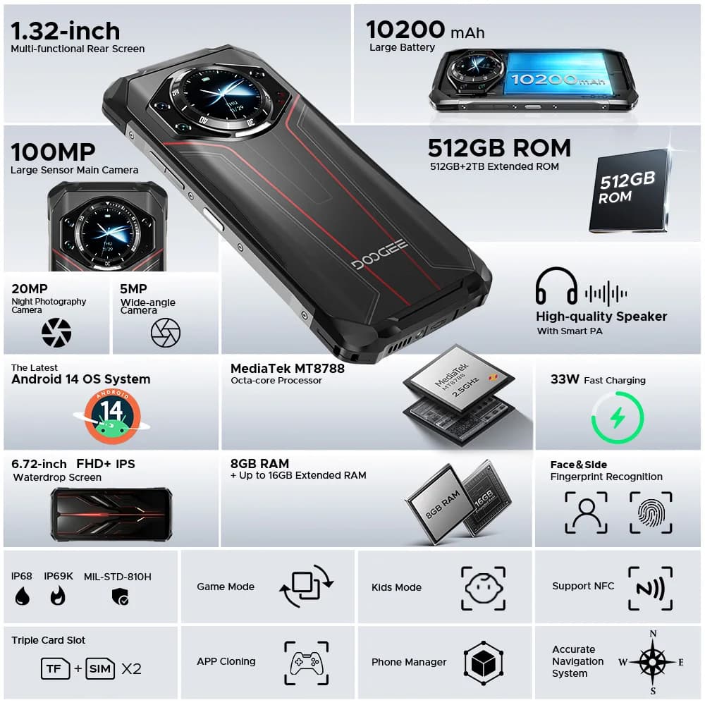 DOOGEE S119 Rugged Phone 6.72" FHD+ IPS Screen 8GB RAM 512GB ROM 100MP AI Main Camera 10200mAh Battery 33W Android 14 NFC - 2