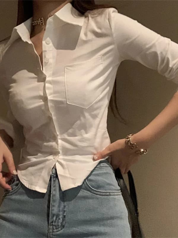 White Short Sleeveless Women's Shirt Slim Fit Long Sleeve  Neck Pure Color Commute Style Office Front Desk Work Uniform