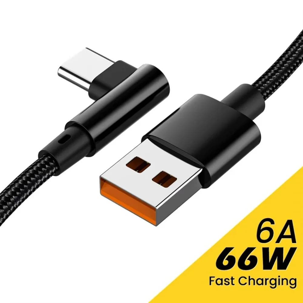 كابل شحن سريع 6A 66 واط USB A إلى النوع C نايلون مضفر 90 درجة كوع لهاتف شاومي 14 13 برو ألترا ريدمي نوت 12 كابل شحن سريع