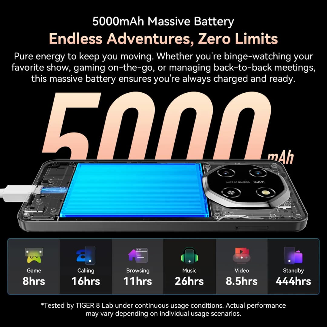 هاتف بلاك فيو أوسكال تايجر 8 الذكي 5G مع ذكاء اصطناعي، شاشة 6.88 بوصة بمعدل تحديث 120 هرتز، ذاكرة وصول عشوائي 8 جيجابايت، ذاكرة داخلية 128 جيجابايت، معالج يونيسوك T8100، بطارية 5000 مللي أمبير، أندرويد 15 - 6