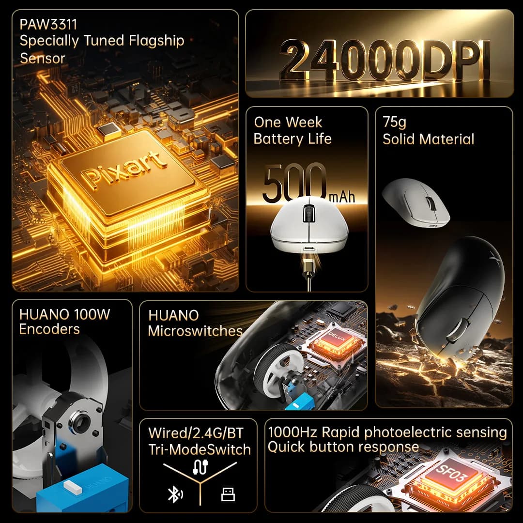 ماوس ألعاب لاسلكي Delux M400، 24000DPI، معدل استطلاع 1KHz، PAW3311، وضع ثلاثي، بطارية 500mAh قابلة لإعادة الشحن، مناسب لجميع أحجام الأيدي - 2