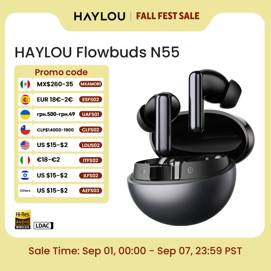 سماعات أذن لاسلكية HAYLOU Flowbuds N55، إلغاء ضوضاء تكيفي 54dB، بلوتوث 6.0، صوت عالي الدقة LDAC، 6 ميكروفونات، مكالمات HD، تشغيل حتى 40 ساعة، مقاومة للماء IPX5