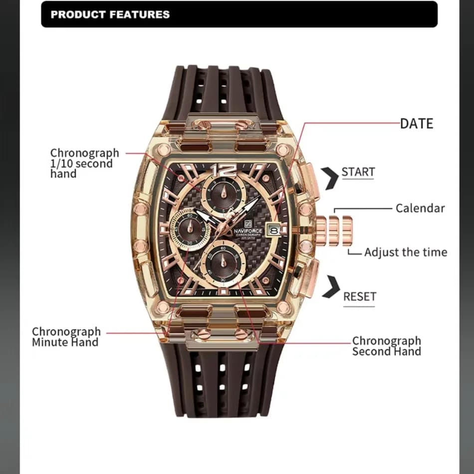 ساعات NAVIFORCE عالية الجودة للرجال بسوار سيليكا مقاومة للماء حتى 50 متر ساعة رياضية رجالية كاجوال كوارتز بعرض التاريخ كرونوغراف رجالي - 6