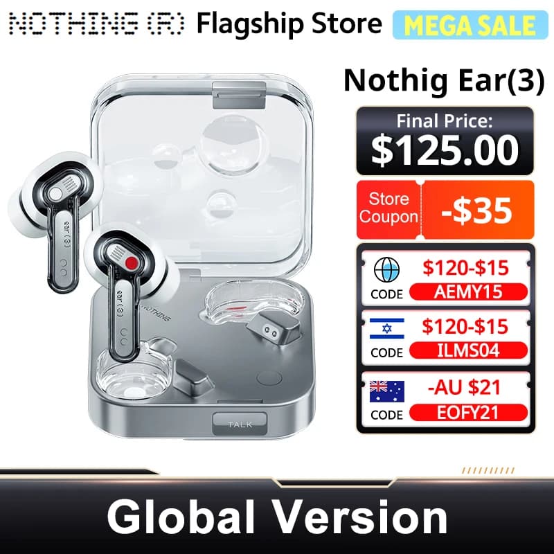 New Nothing Ear (3) Super Mic 12mm Dynamic Wireless Earbuds 45dB Hybrid Active Noise Canceling Hi-Res 6 Mics Bluetooth Headphone