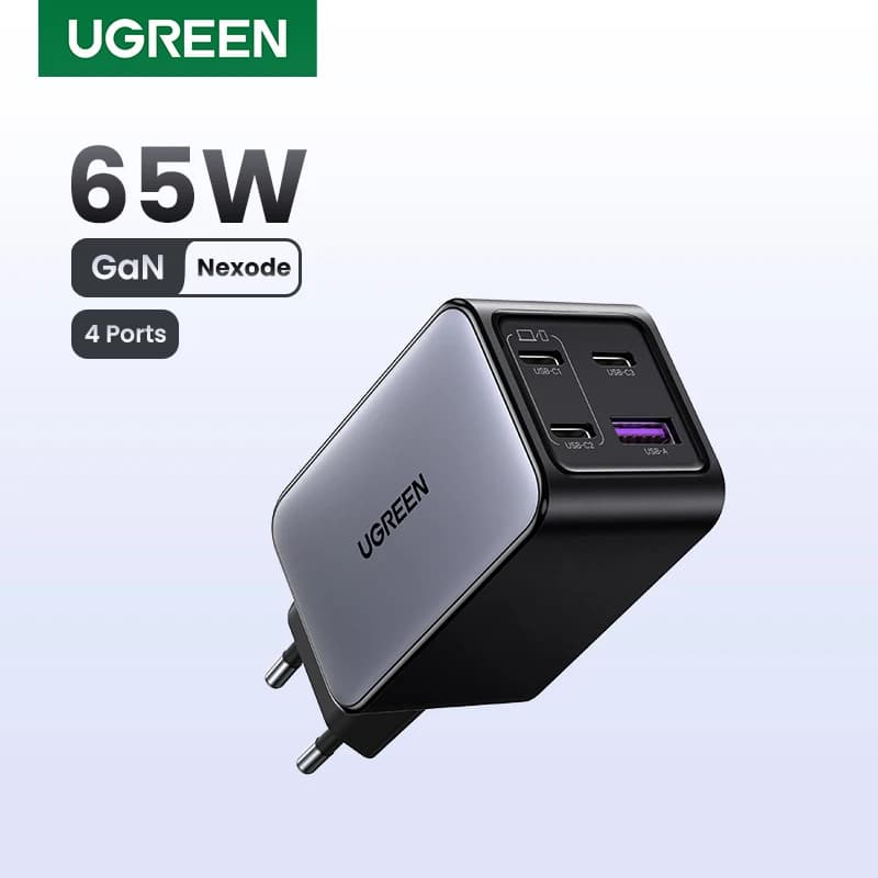 شاحن GaN بقوة 65 واط مع 4 منافذ USB-C للشحن السريع يدعم Quick Charge 3.0 وPD 3.0 لأجهزة ماك بوك أير والكمبيوتر المحمول والتابلِت وهواتف آيفون 17 و16 و15 برو ماكس
