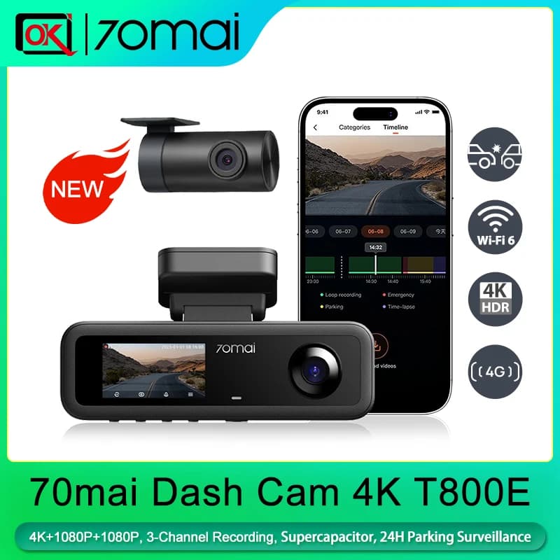 70mai T800E 3-Channel  Dash Camera 2160P Dual 4K Triple View HDR Supercapacitor GPS WiFi 6 70mai t800e Car Dvr voice control