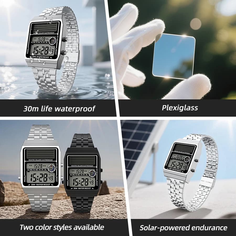 Solar Retro Fashionable Multi-function Electronic Watch, Battery Life Can Reach About Two Years, 30M Waterproof - 2