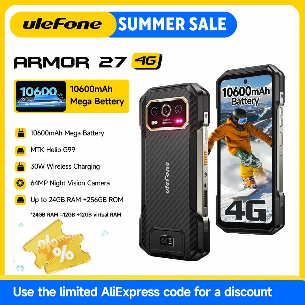 Ulefone Armor 27 4G Rugged Smartphone 64MP Night Vision+50MP+50MP 10600mAh 24GB+256GB  Android 15 6.78" 120Hz NFC Global Version