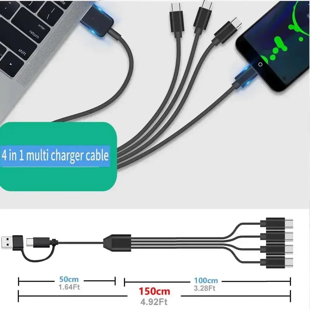 كابل شحن متعدد مقسم USB C، سلك شحن USB A/C إلى النوع C، مع 4 موصلات من النوع C للهواتف المحمولة والأجهزة اللوحية والمزيد - 3