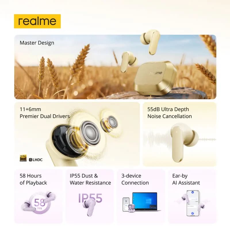 Global Version realme Buds Air 8 55dB Ultra Depth Noise Cancellation True Wireless Earphone Bluetooth 5.4 Earbuds LHDC 5.0 IP55 - 2
